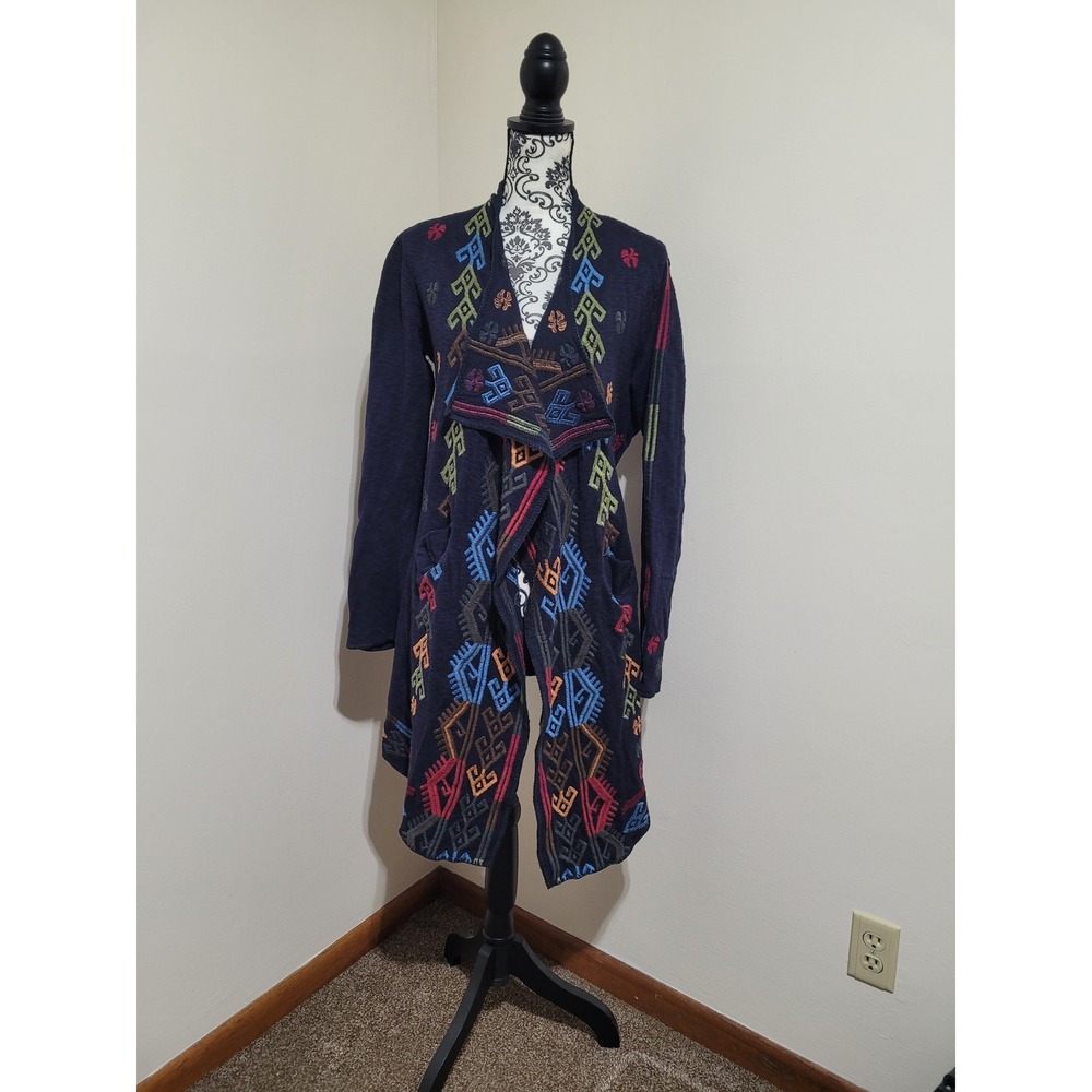 Biya Johnny Was‎ Cardigan Womens Medium Navy Blue Embroidered Boho Long